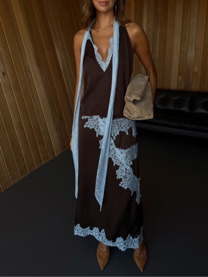 Chic Brown and Blue Lace Panel Top and Skirt Ensemble