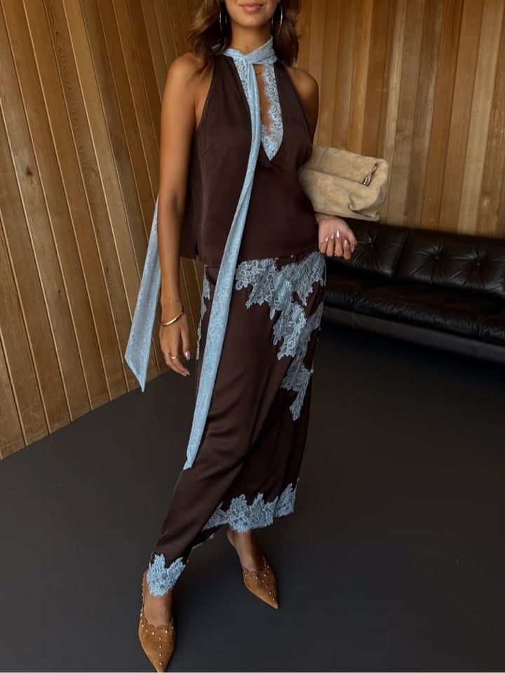 Chic Brown and Blue Lace Panel Top and Skirt Ensemble