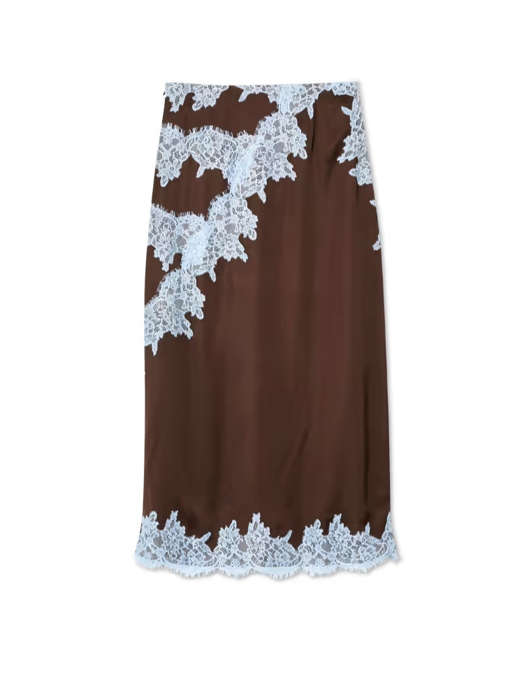Chic Brown and Blue Lace Panel Top and Skirt Ensemble