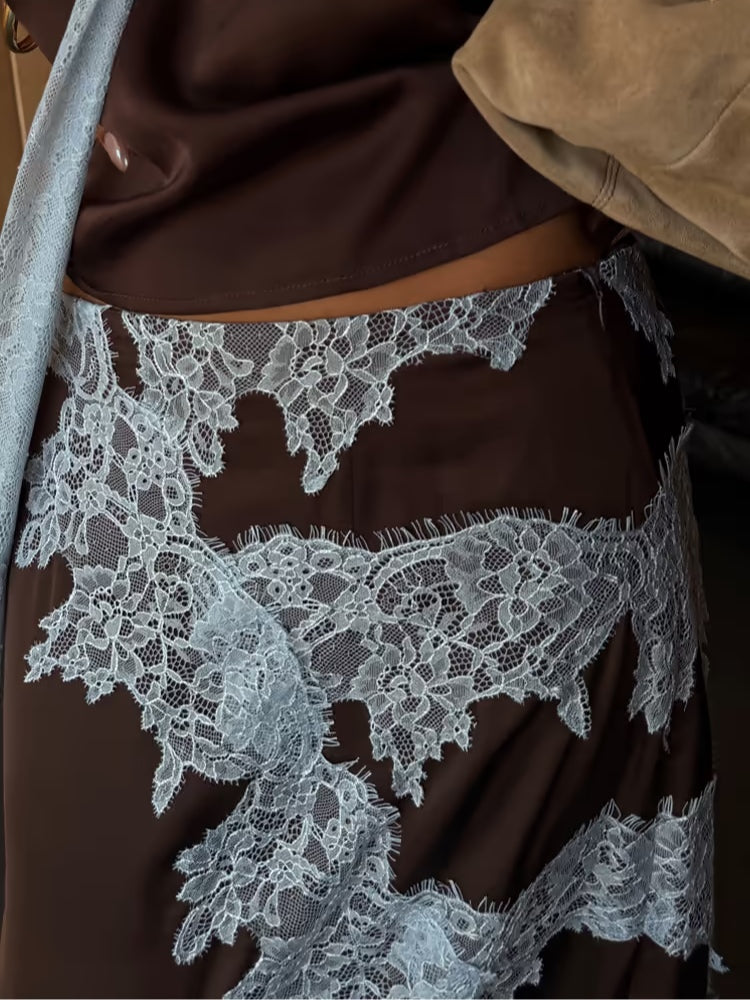 Chic Brown and Blue Lace Panel Top and Skirt Ensemble