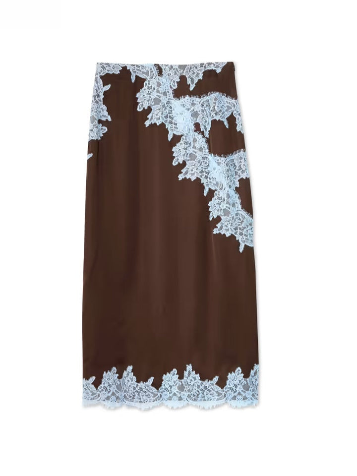 Chic Brown and Blue Lace Panel Top and Skirt Ensemble