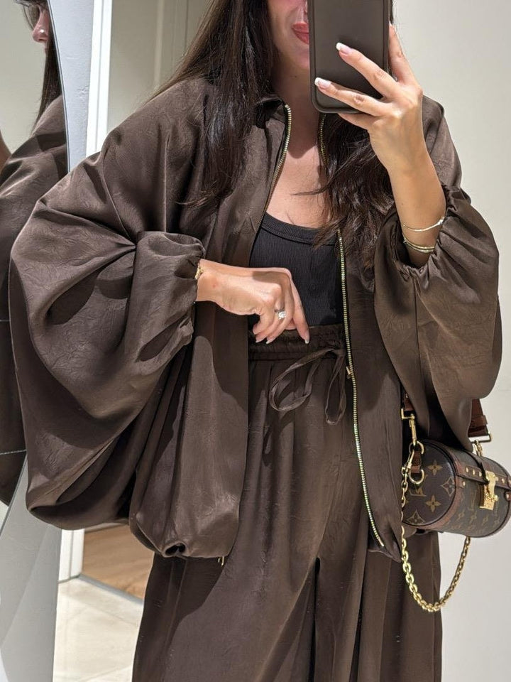 Casual Two-Piece Set: Brown Jacket and Drawstring Pants