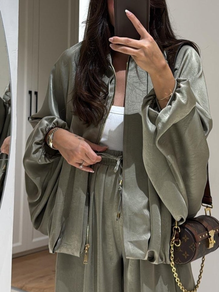 Casual Two-Piece Set: Brown Jacket and Drawstring Pants