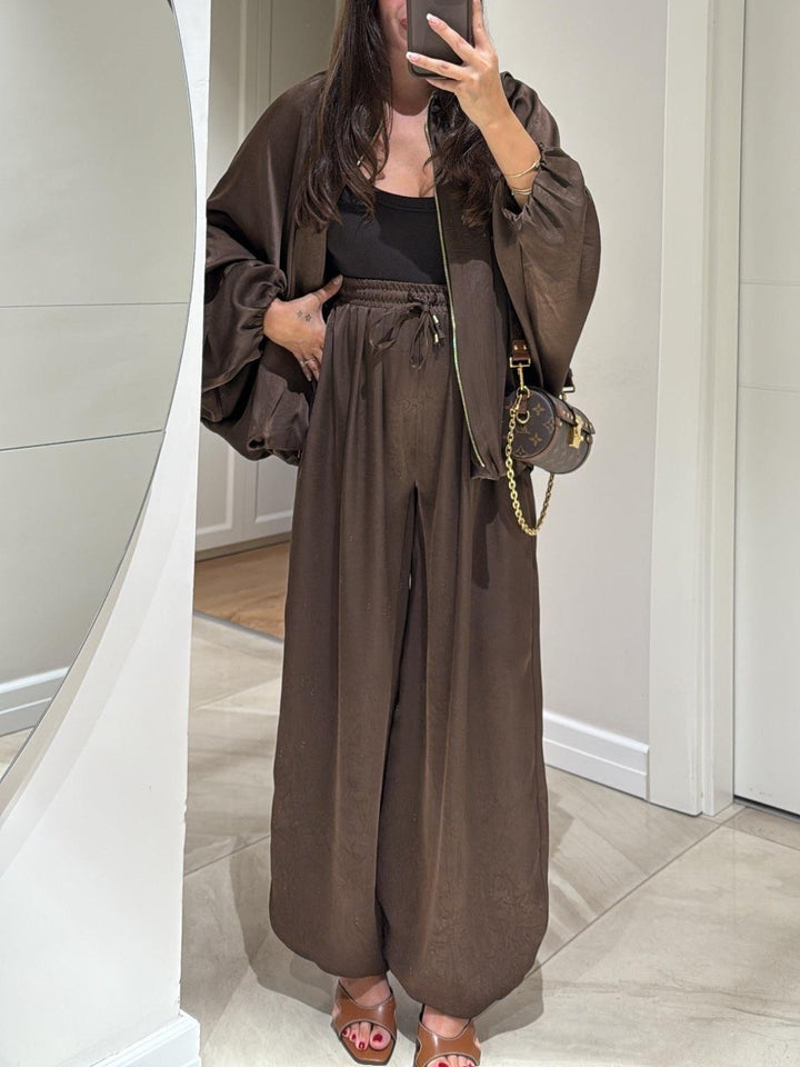 Casual Two-Piece Set: Brown Jacket and Drawstring Pants