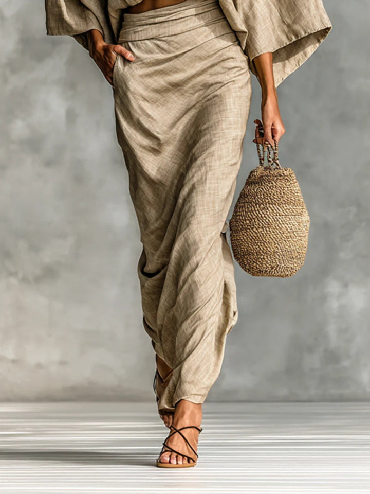 Two-Piece Set: Bat Sleeve Long Skirt in Cotton-Linen Blend