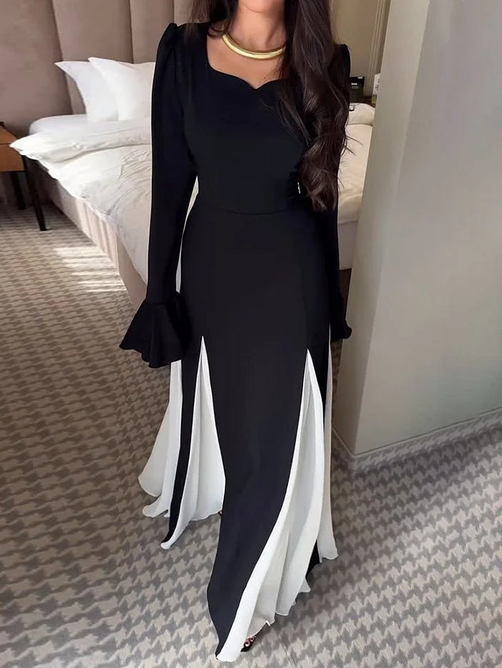 Monochrome Flared Maxi Dress with Long Sleeves