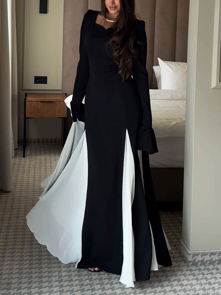 Monochrome Flared Maxi Dress with Long Sleeves