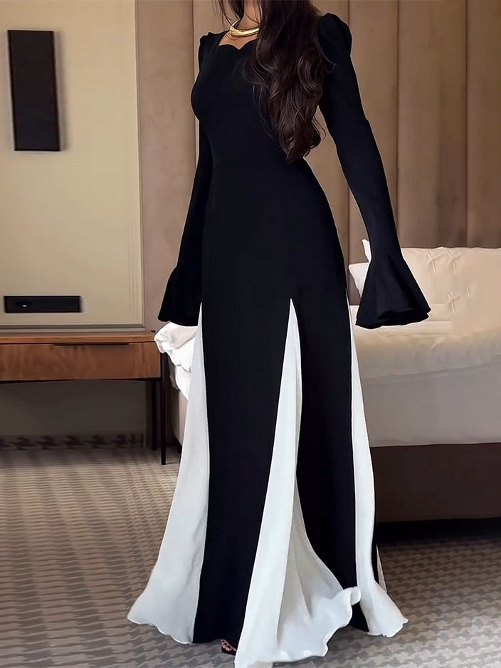 Monochrome Flared Maxi Dress with Long Sleeves