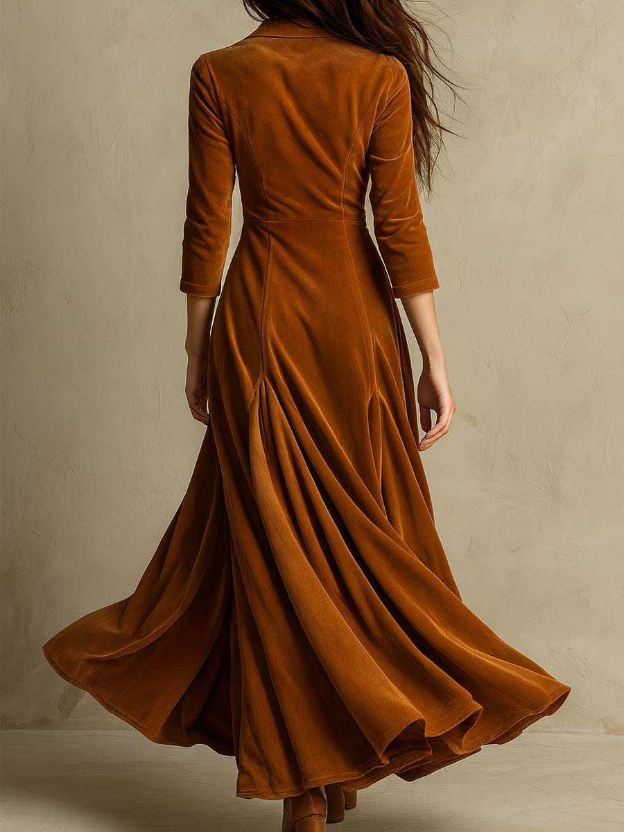 Elegant Brown Velvet Long Dress with Retro Suit Collar