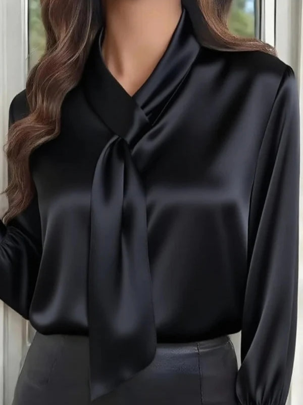 Casual Long-Sleeve Shirt with Solid Color and Bow Tie