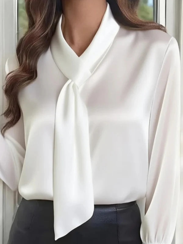 Casual Long-Sleeve Shirt with Solid Color and Bow Tie