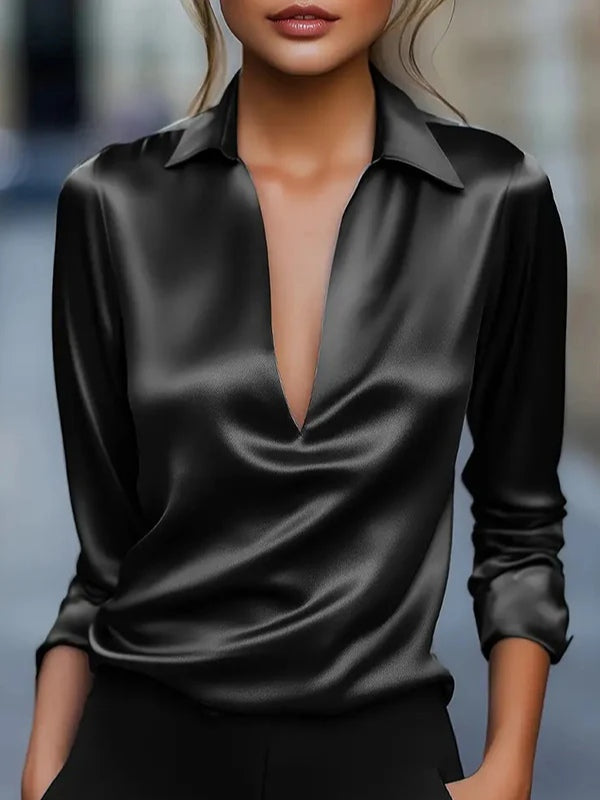 Solid Satin V-Neck Long Sleeve Casual Top