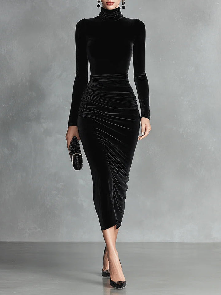 Elegant High-Neck Bodycon Dress in Black Velvet