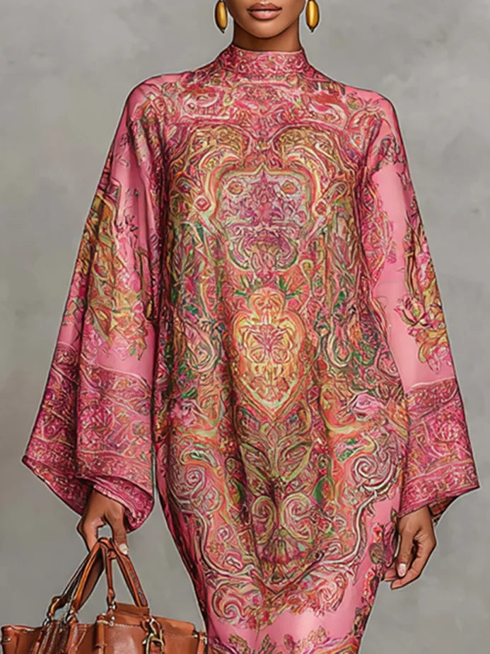 Loose Midi Dress with Long Sleeves in Pink Paisley Print