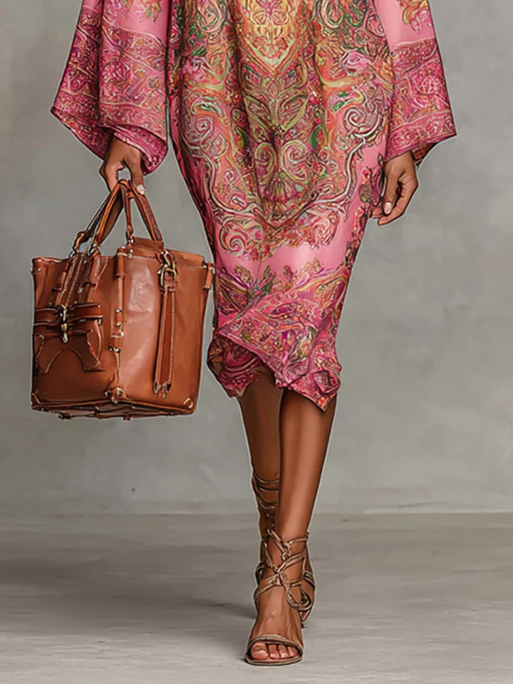 Loose Midi Dress with Long Sleeves in Pink Paisley Print