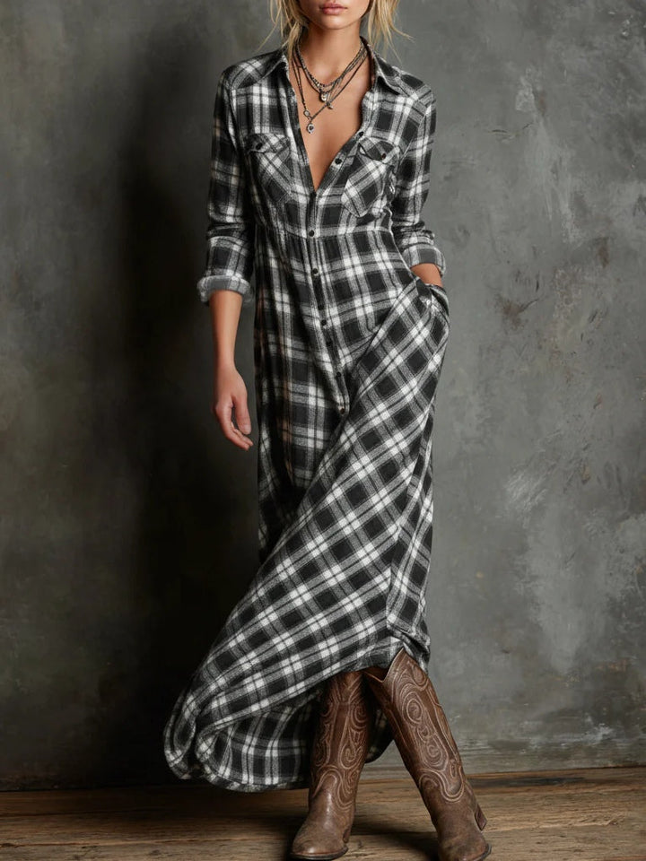 Long Green Plaid Single-Breasted Lapel Dress
