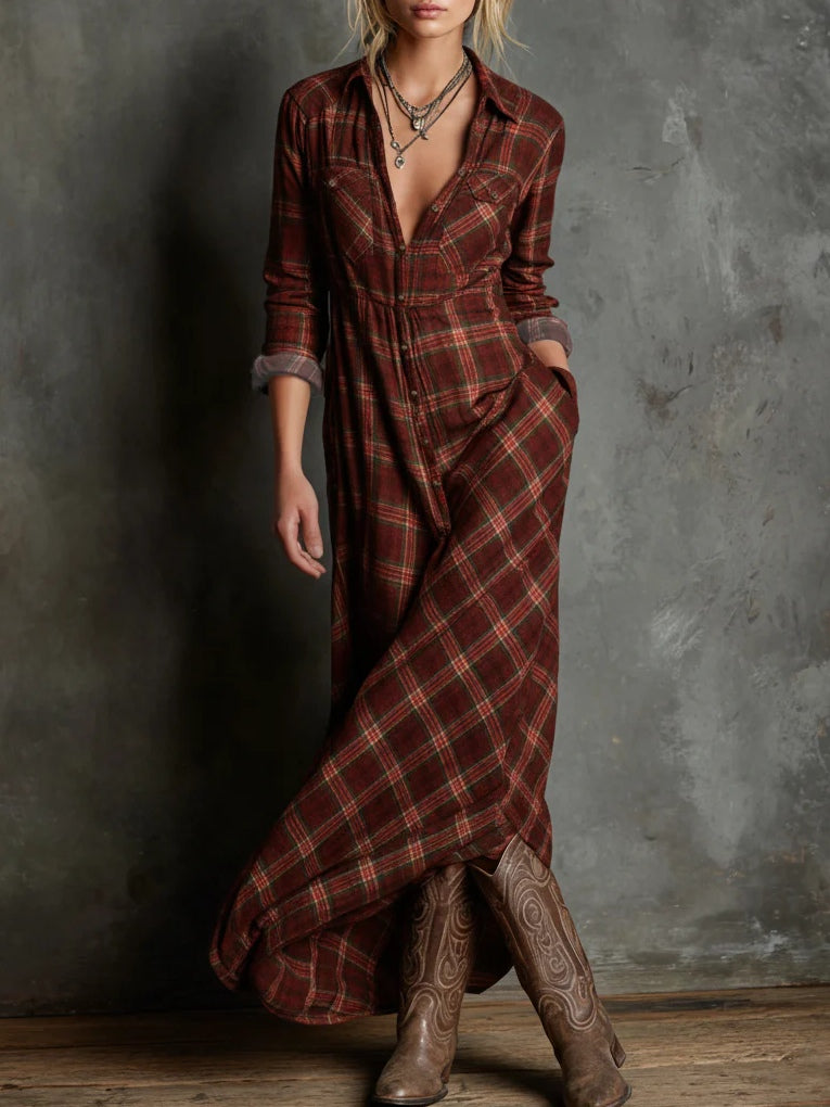 Long Green Plaid Single-Breasted Lapel Dress