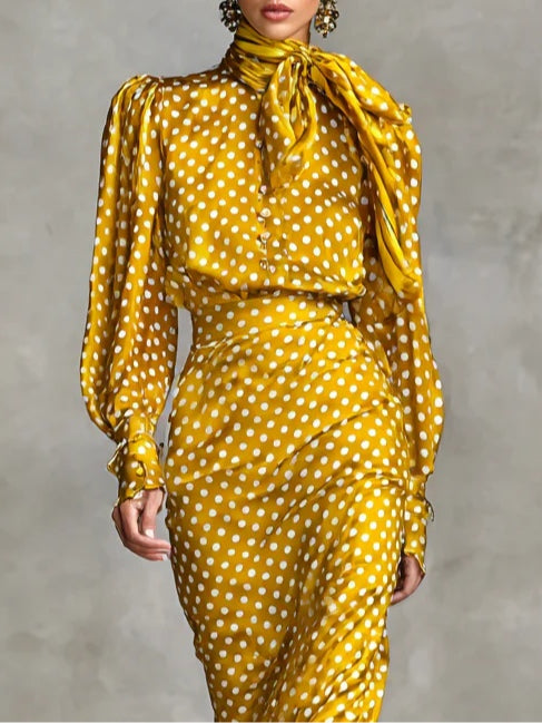 Retro Satin Polka Dot Print Two-Piece Shirt and Skirt Set