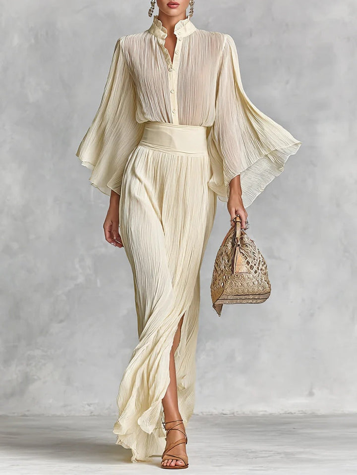 Two-Piece Set: Pleated Stand Collar Shirt with Trumpet Sleeves and Slit Floor-Length Skirt