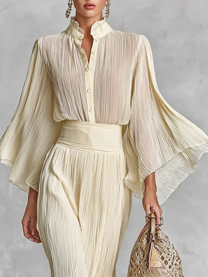 Two-Piece Set: Pleated Stand Collar Shirt with Trumpet Sleeves and Slit Floor-Length Skirt