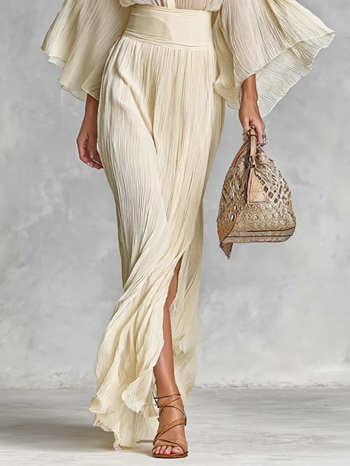 Two-Piece Set: Pleated Stand Collar Shirt with Trumpet Sleeves and Slit Floor-Length Skirt