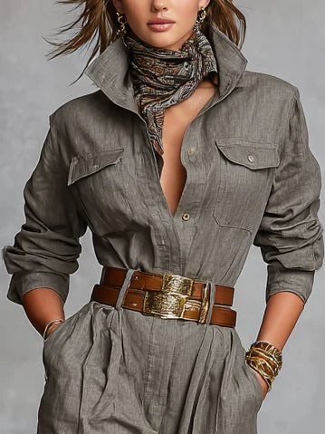 Long Sleeve Jumpsuit Made from Cotton and Linen Blend