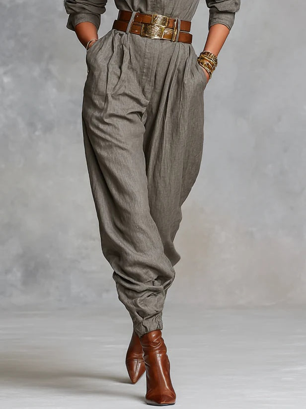 Long Sleeve Jumpsuit Made from Cotton and Linen Blend
