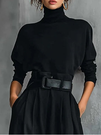 Black Turtleneck Long Sleeve Top and Straight-Leg Pants Set with Belt