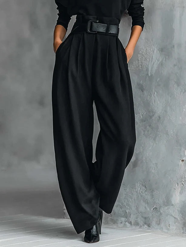 Black Turtleneck Long Sleeve Top and Straight-Leg Pants Set with Belt