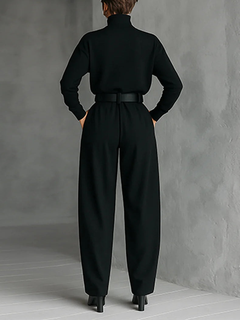 Black Turtleneck Long Sleeve Top and Straight-Leg Pants Set with Belt