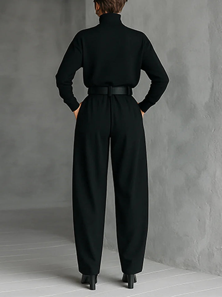 Black Turtleneck Long Sleeve Top and Straight-Leg Pants Set with Belt