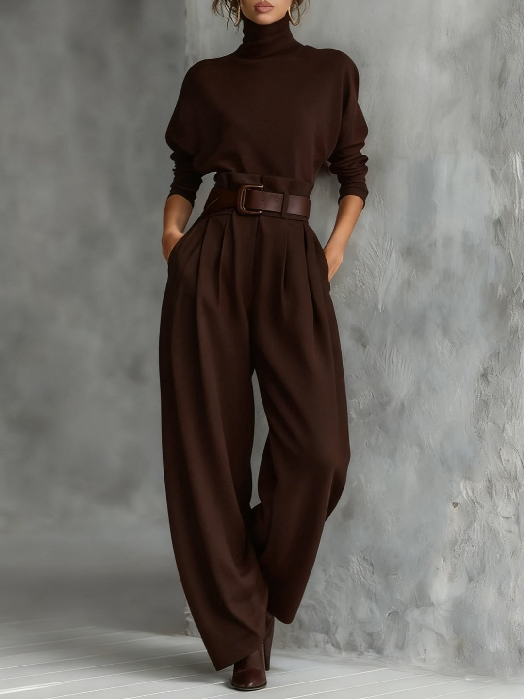Black Turtleneck Long Sleeve Top and Straight-Leg Pants Set with Belt