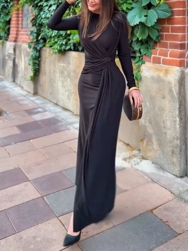 Chic Black Pleated Maxi Dress with Waist Detail