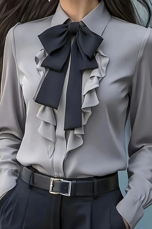 Casual Long-Sleeved Shirt with Ruffled Bow Tie