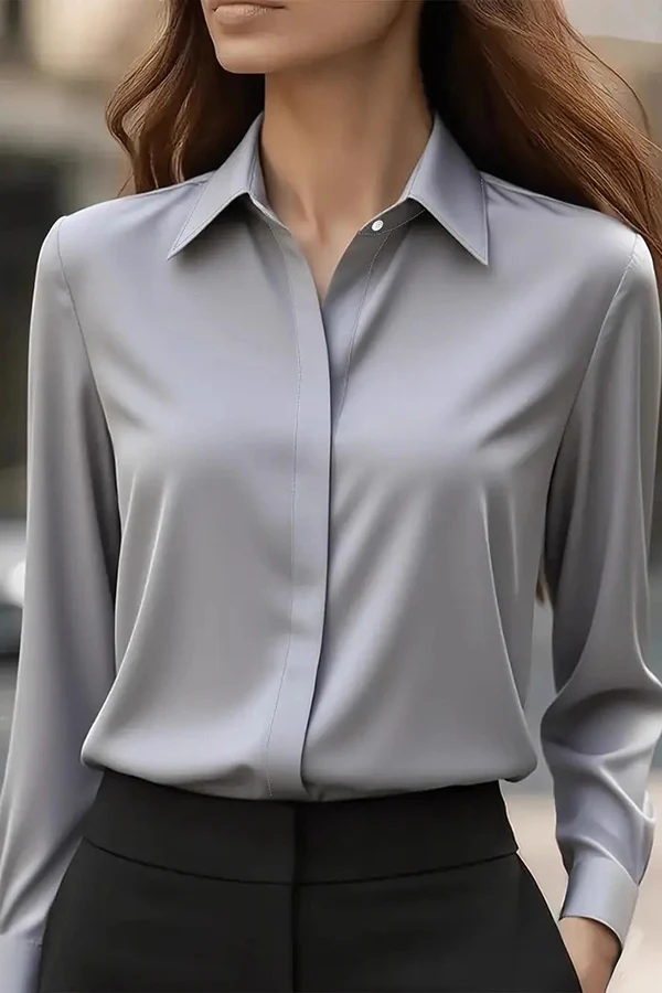 Long-Sleeved Casual Shirt with Satin Lapel