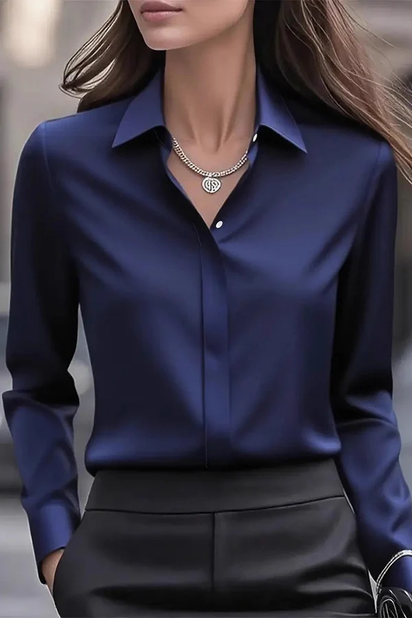 Long-Sleeved Casual Shirt with Satin Lapel