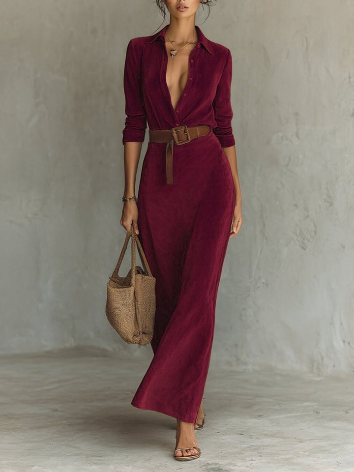 Maxi Dress with Suede Finish and Single-Breasted Lapel