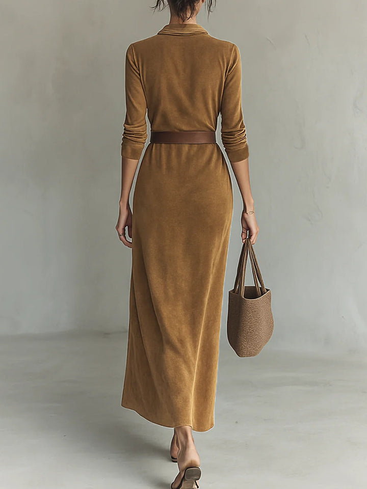 Maxi Dress with Suede Finish and Single-Breasted Lapel