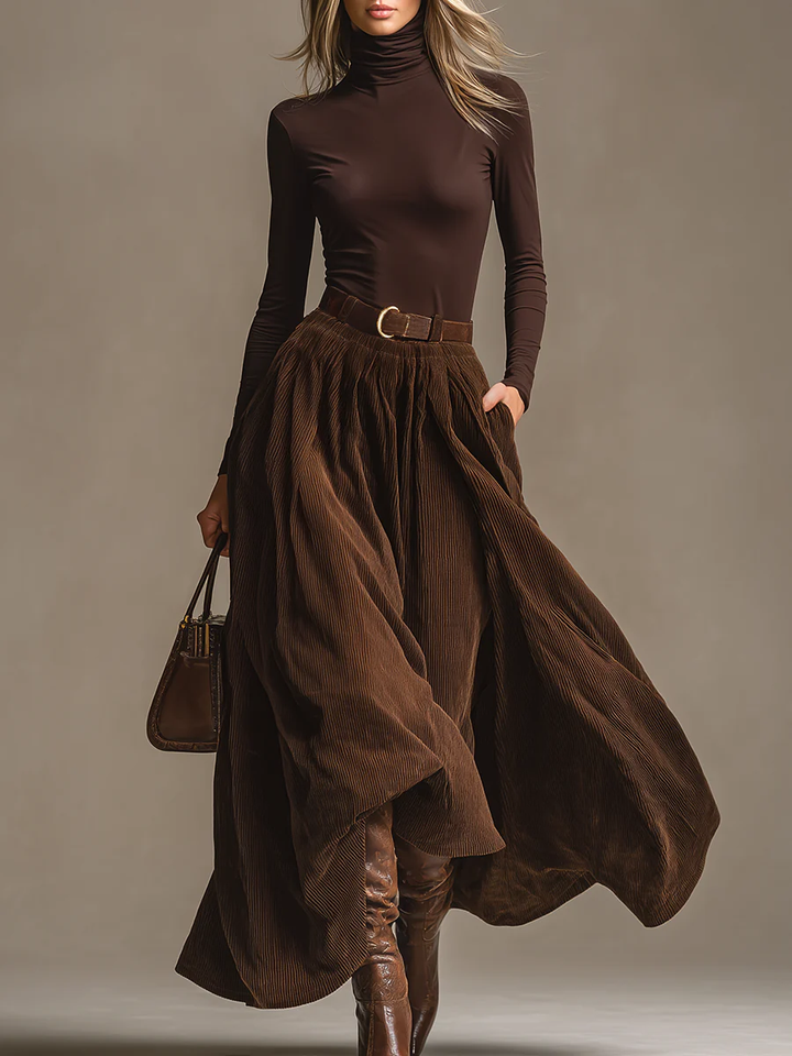 Dark Brown Turtleneck and Corduroy Skirt Ensemble