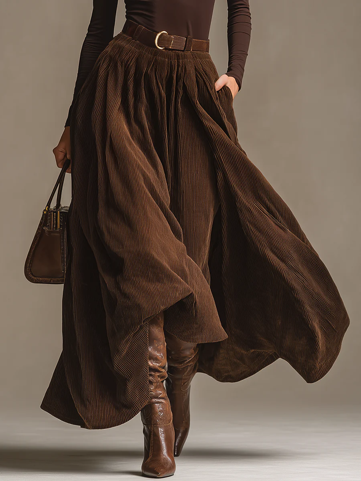 Dark Brown Turtleneck and Corduroy Skirt Ensemble