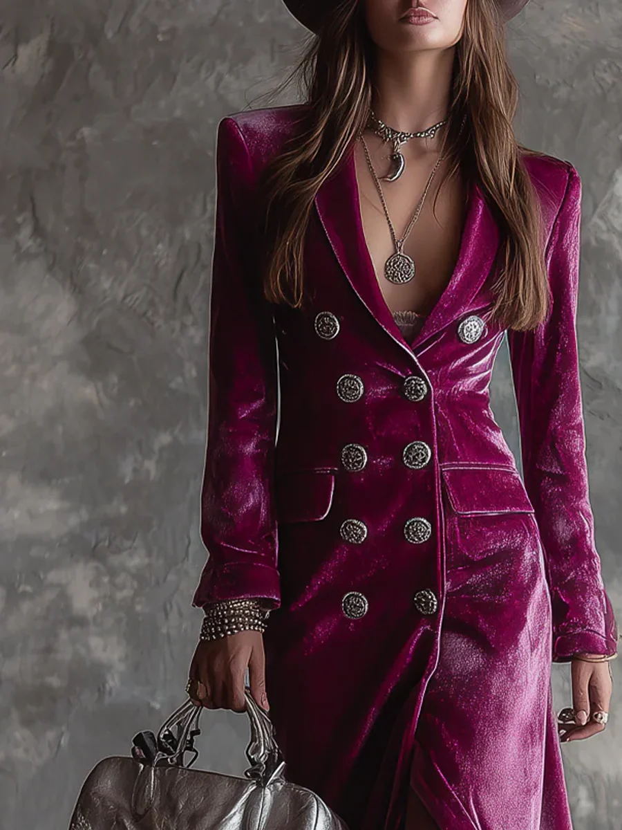 Maxi Dress with Long Velvet Blazer and Purple Button-Down Detail