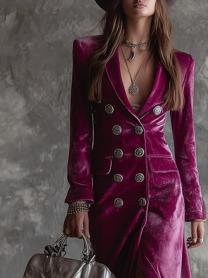 Maxi Dress with Long Velvet Blazer and Purple Button-Down Detail