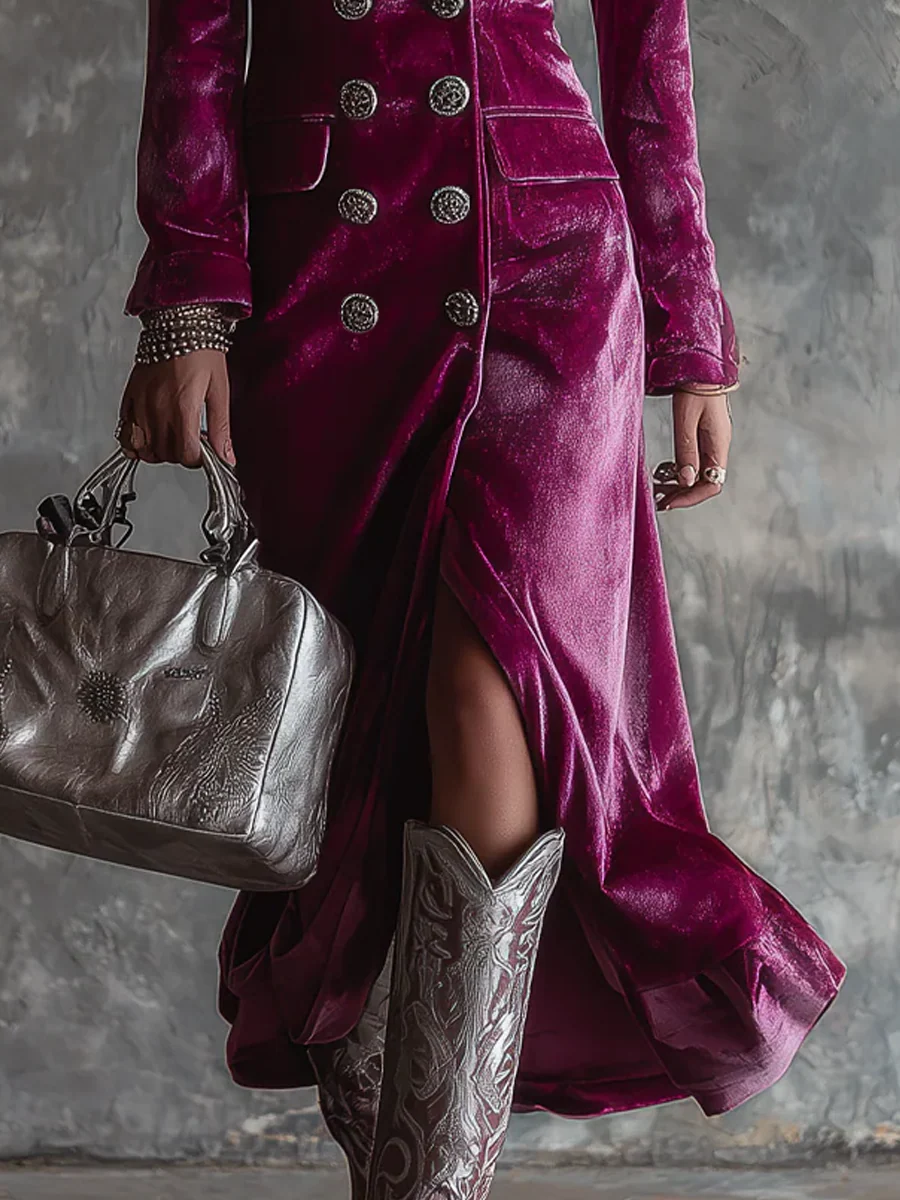 Maxi Dress with Long Velvet Blazer and Purple Button-Down Detail