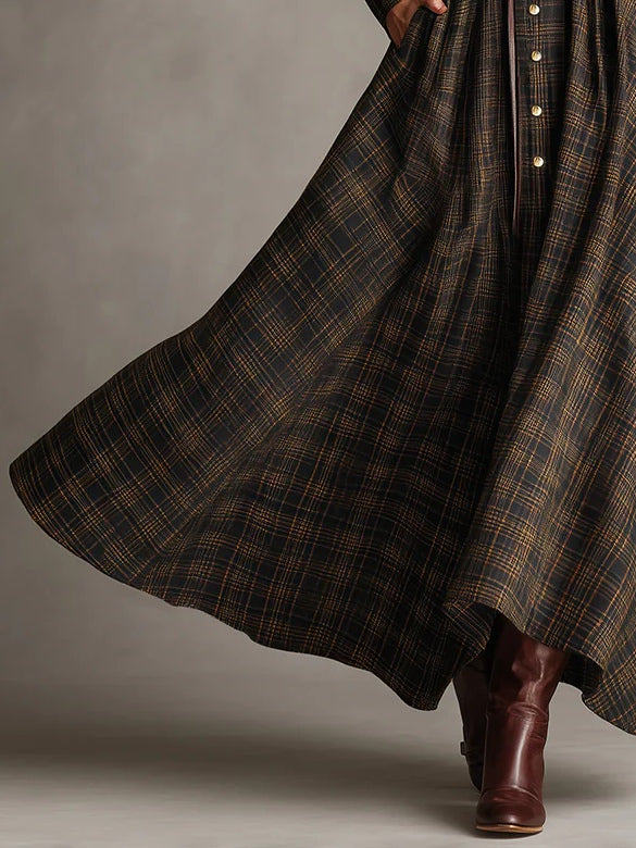 Long Plaid Dress with Brown and Black Lapel, Single-Breasted Design