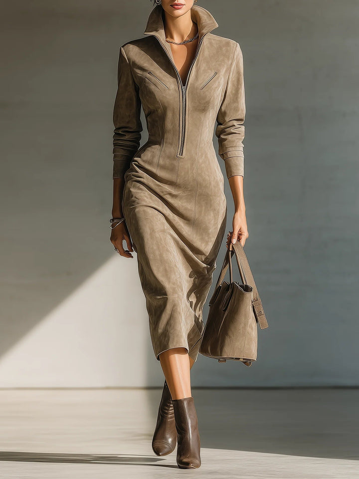 Elegant Midi Dress in Beige Faux Suede with Stand Collar