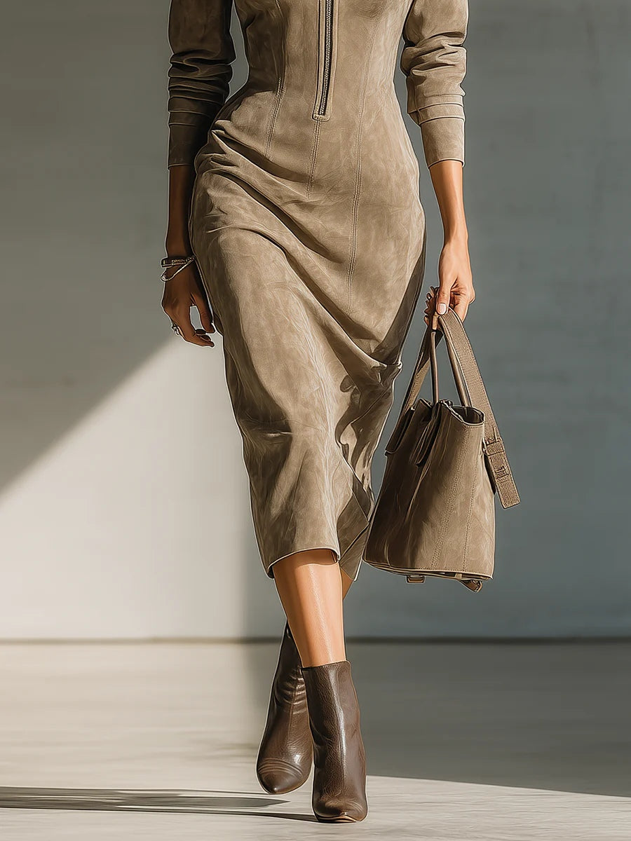 Elegant Midi Dress in Beige Faux Suede with Stand Collar