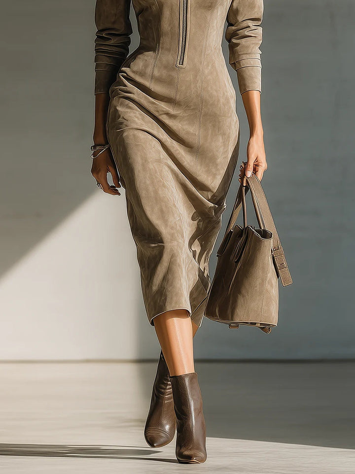 Elegant Midi Dress in Beige Faux Suede with Stand Collar