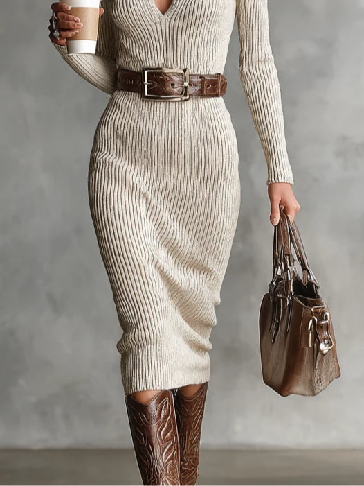 Slim Fit V-Neck Half Turtleneck Long Sleeve Knitted Midi Dress with Belt