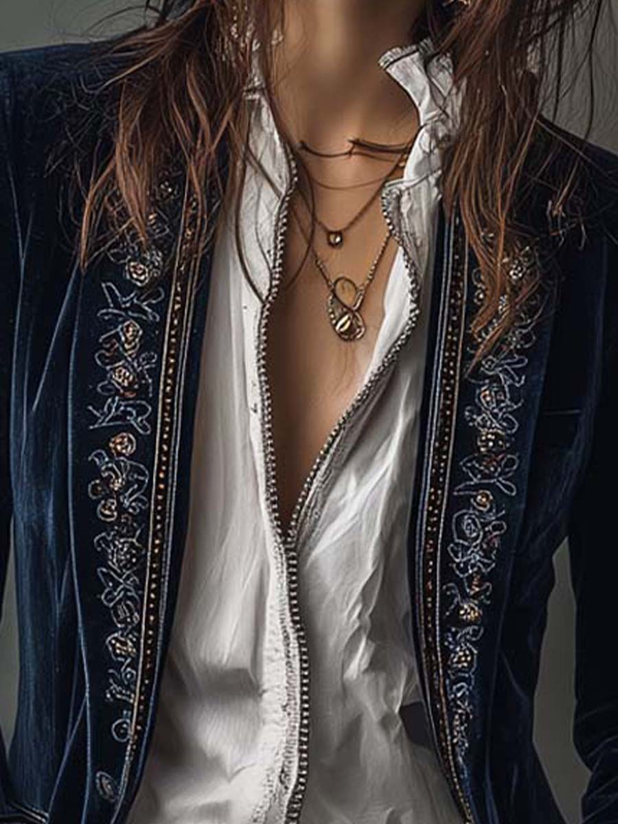 Embroidered Long Jacket in Vintage Navy Polyester Velvet