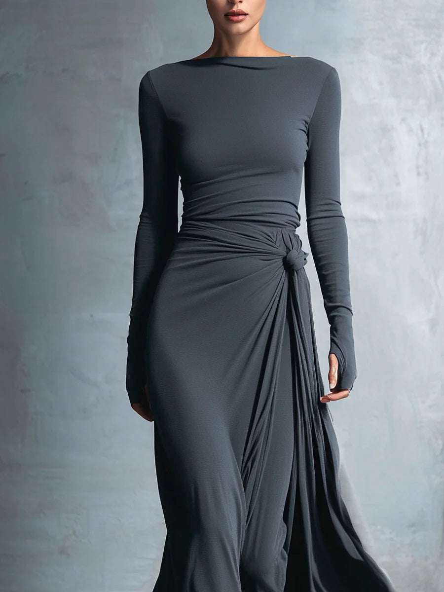 Elegant Grey Jersey Knit Maxi Dress with Wrap Knot Detail
